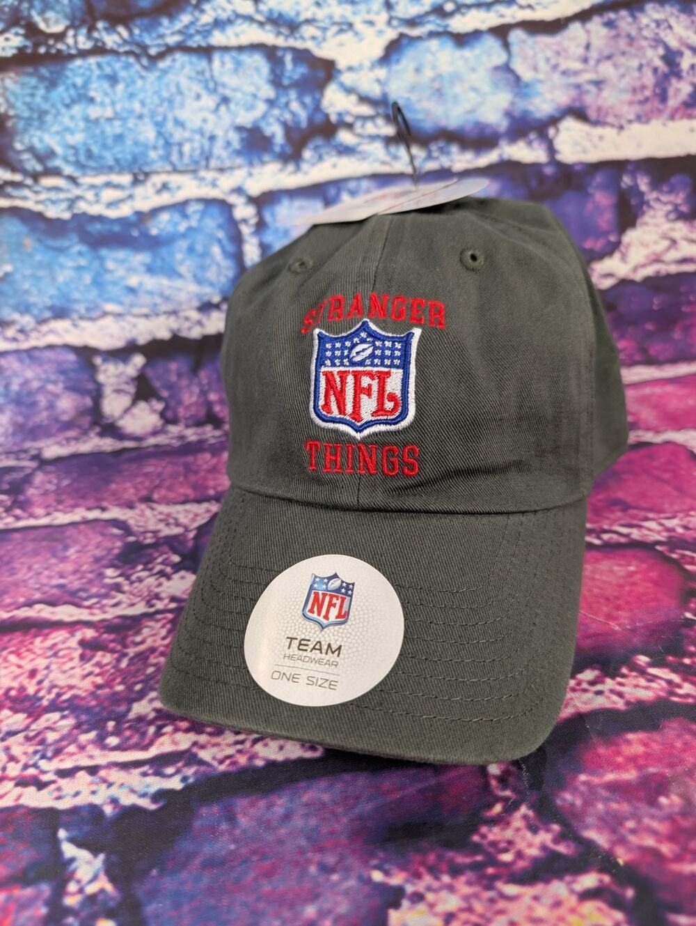 NFL X STRANGER THINGS Gray Baseball Cap Hat Logos In Red Slide Back OSFM